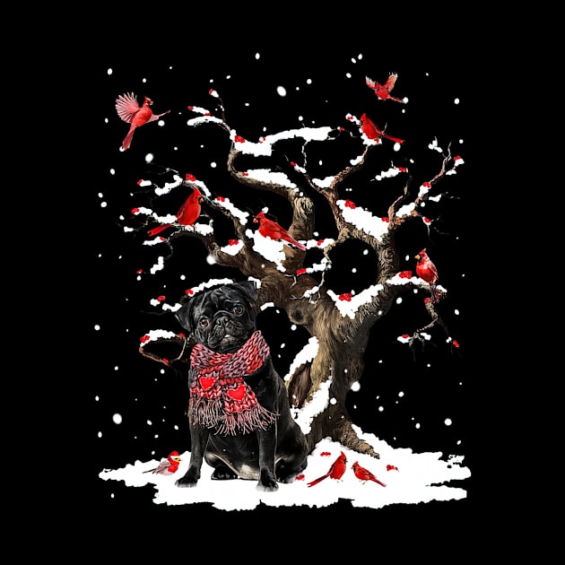 Black Pug Scarf Cardinal Snow Christmas by cogemma.art