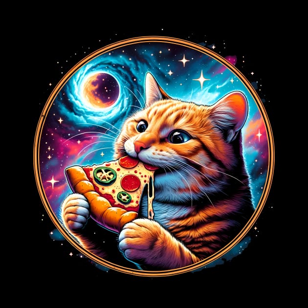 Funny Orange Cat eating Pizza in Space by dukito