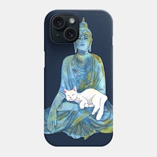 Blue Watercolor Buddha Statue with Sleeping White Cat Phone Case