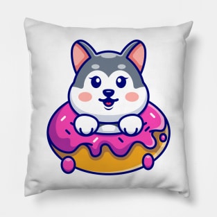 Cute baby husky with doughnut cartoon Pillow