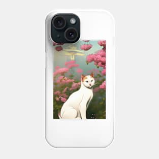 Anime White Cat Surrounded by Flowers Tokyo Background Phone Case