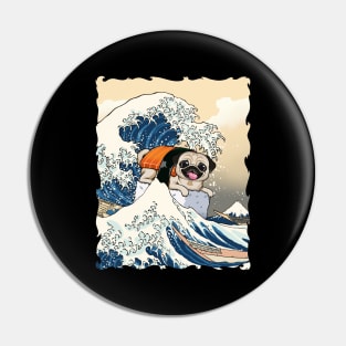 Sushi Pug Riding the Great Wave: A Surfing Adventure Pin