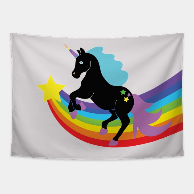 Black Unicorn With Rainbow and Stars Tapestry by Rosemarie Guieb Designs