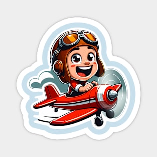 An excited pilot flies a small red airplane. Magnet