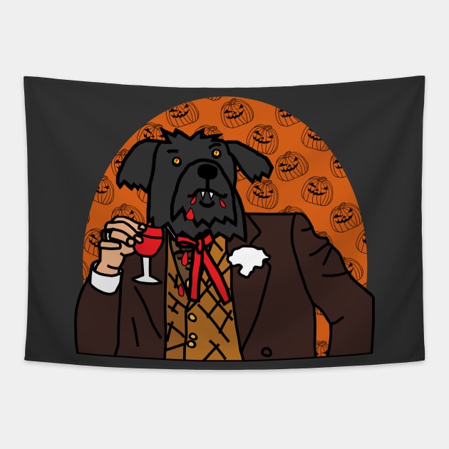 Vampire Dog Drinking Wine Halloween Horror Portrait Tapestry by ellenhenryart