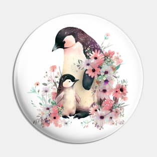 Cute penguin with baby and flowers Pin