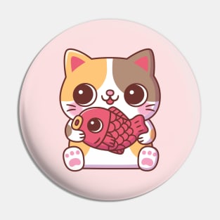 Cute Cat With Red Carp Fish Pin