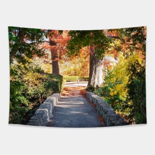 Magic Fairy Autumn Stone Bridge Leaves red yellow orange and green nature pretty delicate foliage Tapestry