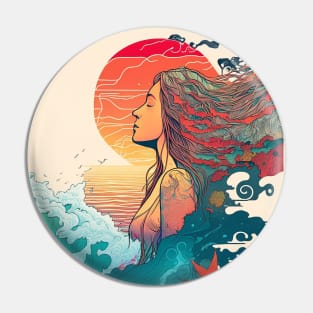 Ocean Waves And Girl With A Smiley Face, Hippie Style Pin