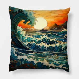 Waves ocean sunset 4 Pillow