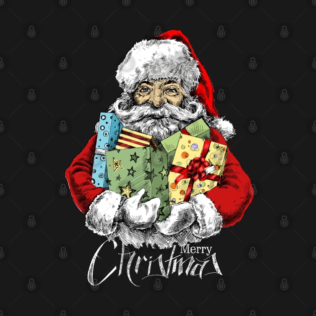 Santa Claus Merry Christmas Holding Gift Sketchy by Mako Design 