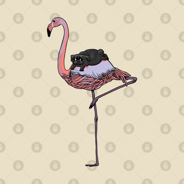 Flamingo and Black Pug by huebucket