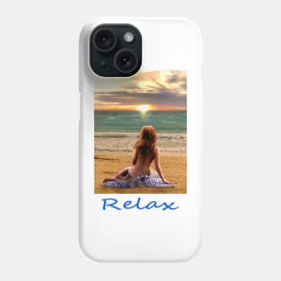 Woman girl seated on beach looking at sunset zen yoga buddhism Phone Case