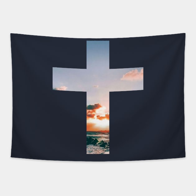 Christian Cross With Sunset Tapestry by ChristianShirtsStudios