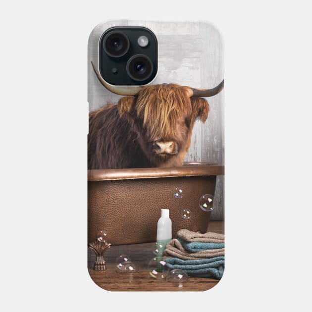 Highland Cow in a Bathtub Phone Case by DomoINK