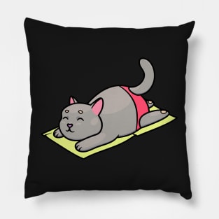 Chubby gray cat in red swimming trunks resting on a towel Pillow