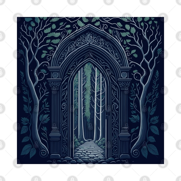 Arched door in a forest with trees. by webbygfx