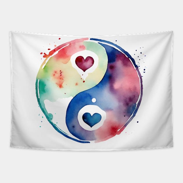 Yin And Yang Symbol With Hearts In Watercolor Tapestry by SOS@ddicted