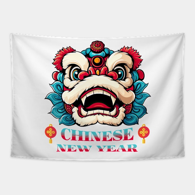 Playful Chinese New Year Lion: Kawaii Yellow Cartoon Fun! Tapestry by YUED