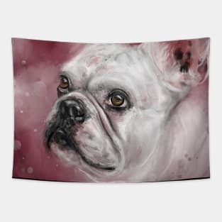 Painting of a White French Bulldog on Pink Red Background Tapestry