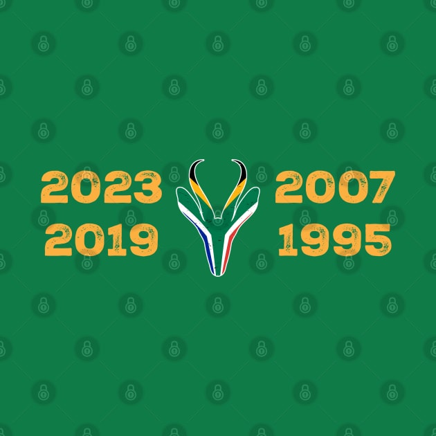 South Africa Four Time World Rugby Champs Vintage T-Shirt | Springbok Head & Flag 2023 2019 2007 1995 | Nou Gaan Ons Braai | Lekker by BraaiNinja