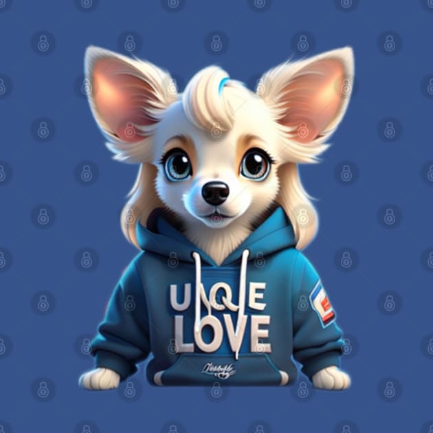 Lovebug in Blue: Adorable White Long-Haired Chihuahua Rocking a Cozy Hoodie by Stevie26