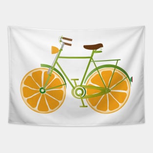 funny green bike with slices of orange wheels Tapestry