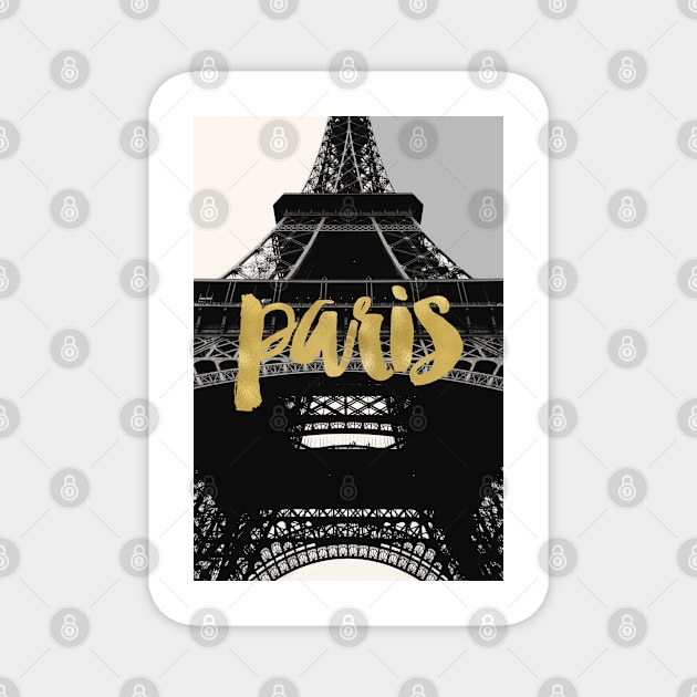 Paris Eiffel Tower, Black and White with Gold Magnet by AmyBrinkman