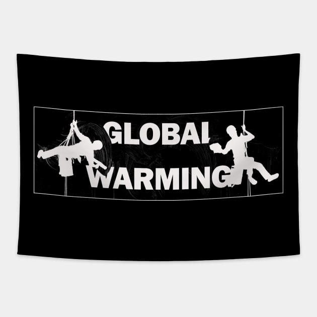 Global Warming - Typography, Two Window Cleaners Wiping Away The Words, White Inverted Cut Out Tapestry by Earthworx