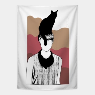 Cat sitting on a girl head Tapestry