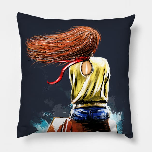 Lonely girl on the bridge by the river Pillow by Olena Tyshchenko