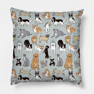 Happy Dogs Blue Grey Pillow