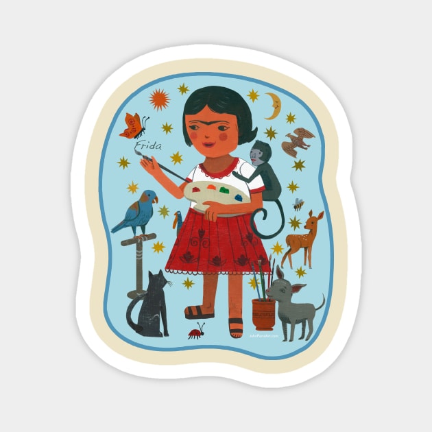 Frida Kahlo & Pets Magnet by John Parra Art