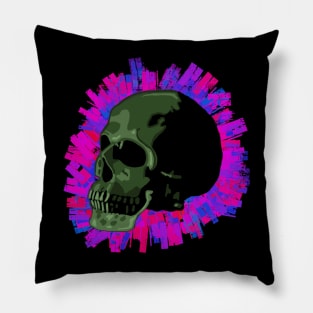 Green Skull Pink Blue Background Pillow