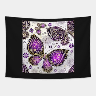 Ornate Purple Butterfly Pattern with Flowers and Swirls Tapestry