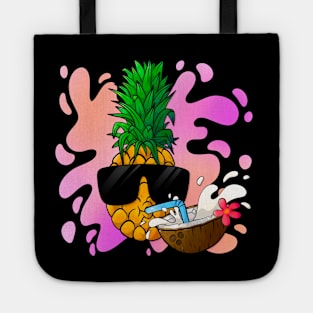 Cool pineapple with sunglasses drinking coconut juice. Tote