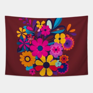 A design featuring a vibrant bouquet of colorful flowers, inspired by the flower power movement of the 1960s. Tapestry