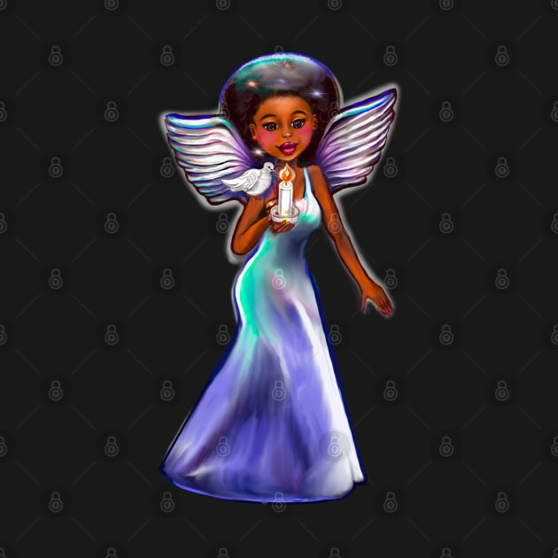 Angel with dove and candle. Black angel of peace ! With glow, Afro hair, brown eyes, Cherry pink lips and dark brown skin. Hair love ! by Artonmytee