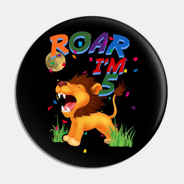 Kids 5th Birthday ROAR I'm 5 Year Old Shirt Boys Lion Safari Gift Pin by GillTee