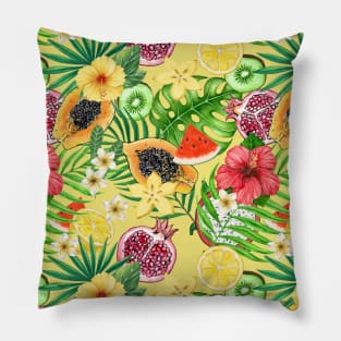 Tropical mix-fruit, flowers and leaves on yellow Pillow