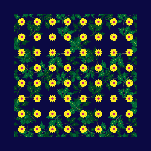 Yellow daisies with Cerise centres over layers of vine leaves on a Navy Blue background by sleepingdogprod