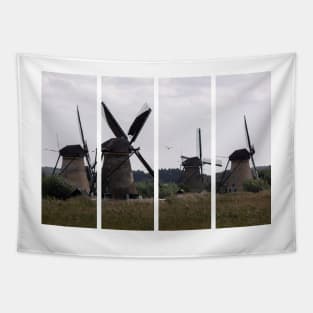 Wonderful landscapes in the Netherlands. Historic dutch windmills in Kinderdijk in a cloudy autumn day. Unesco site. Natural view from distance. Tapestry