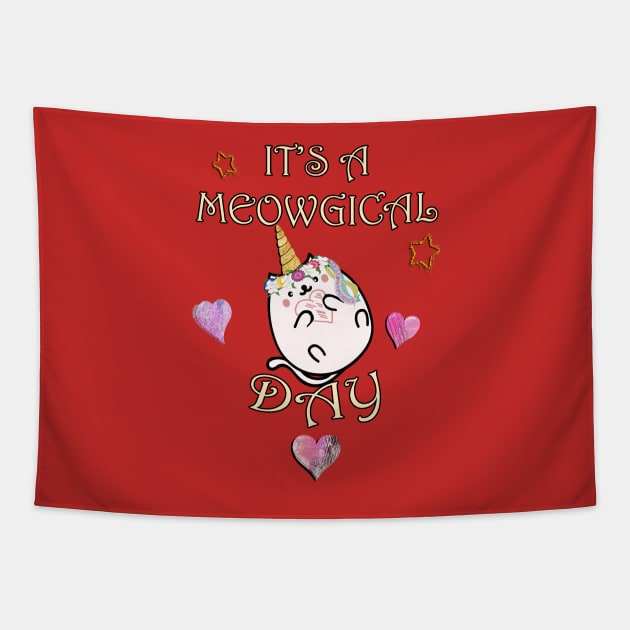 Valentines Day Unicorn Cat It’s A Meowgical Day! Heart & Stars Cat Valentine Tapestry by tamdevo1