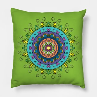 Colorful Mandala with Hearts and Bugs on Green Pillow