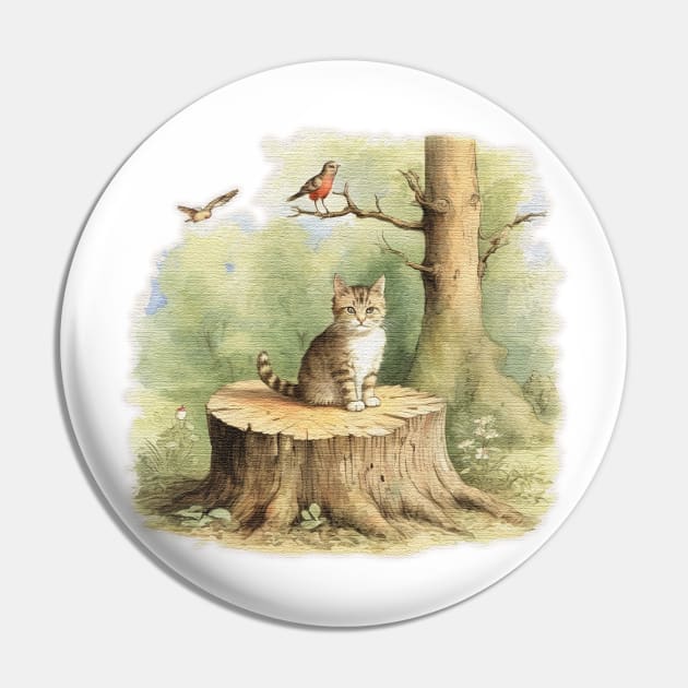 cute cat on a tree stump Pin by JnS Merch Store