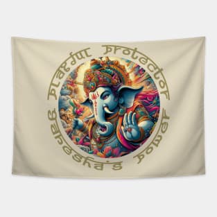 Playful Protector: Ganesha's Power in Colorful Circle - Blue, Yellow, Green, Red, Orange, Purple, White, Black Tapestry