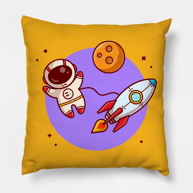 Cute Astronaut Floating With Rocket On Space Cartoon Vector Icon Illustration Pillow by Catalyst Labs