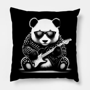 A panda bear wearing an old leather jacket and playing the guitar. Pillow