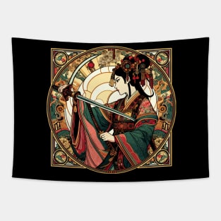 Chinese Sword Fighter Art Deco Mucha Mash-Up Tapestry