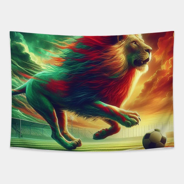 Le Lion Rouge et Vert: Puissance et Détermination sur le Terrain de Football Tapestry by Zinoo